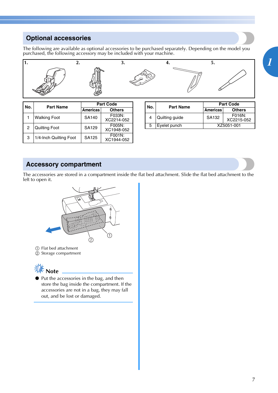 Optional accessories, Accessory compartment | Brother XR1300 User Manual | Page 9 / 112