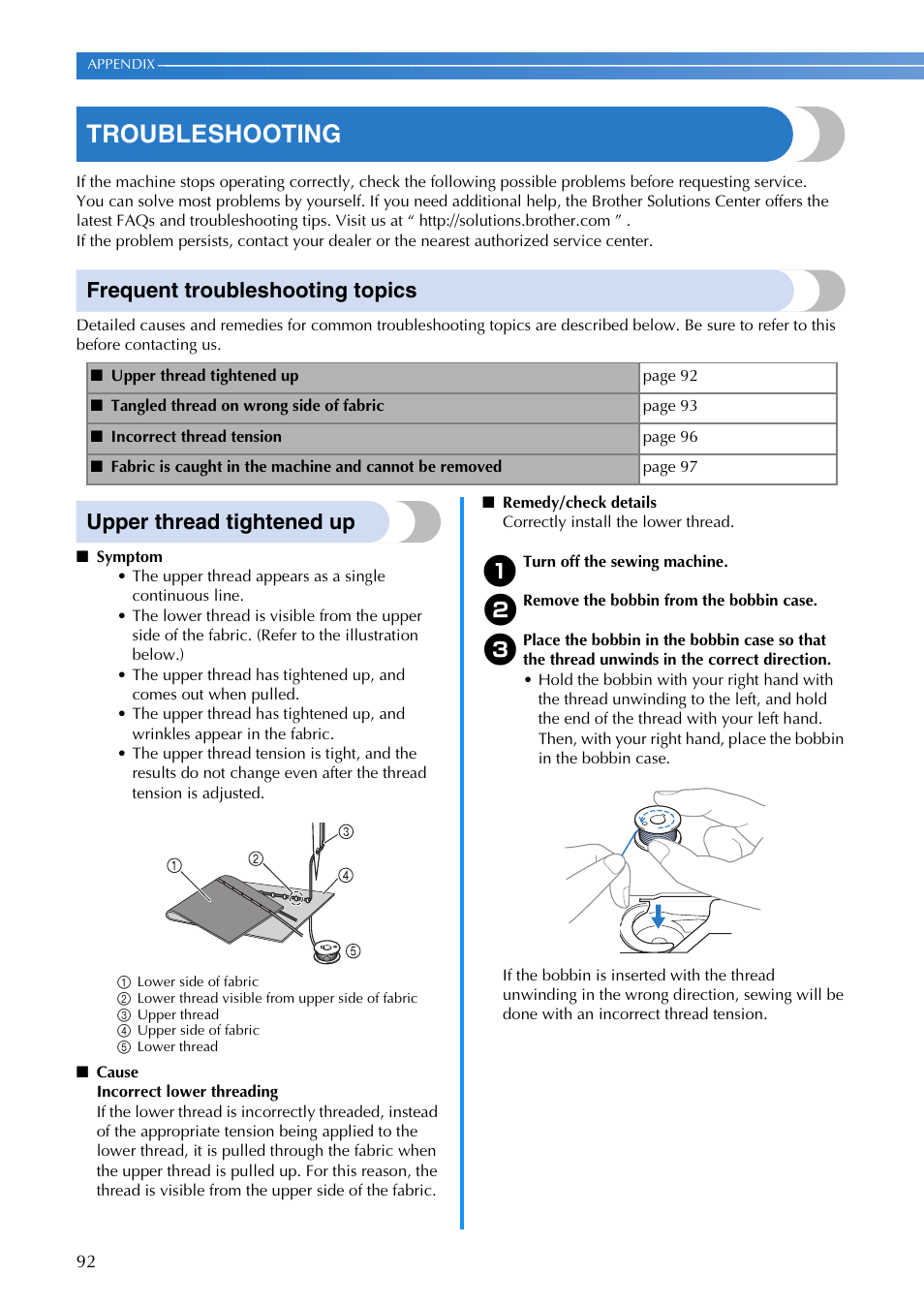 Troubleshooting, Frequent troubleshooting topics, Upper thread tightened up | Brother XR1300 User Manual | Page 94 / 112