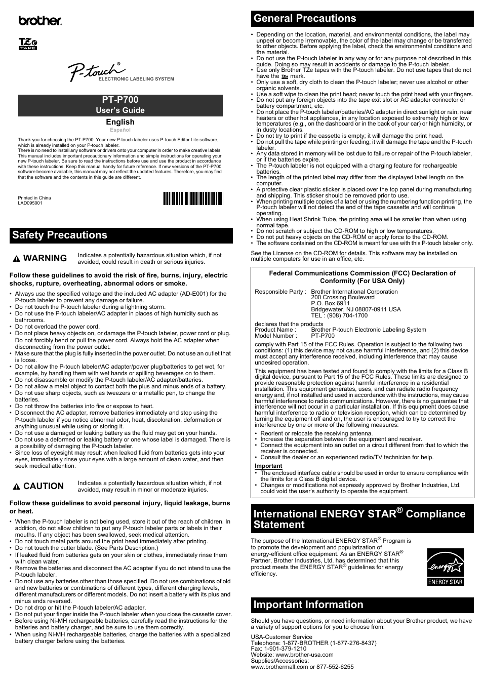 Brother PT-P700 User Manual | 4 pages