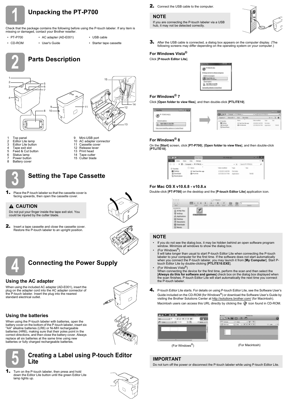 Unpacking the pt-p700, Parts description, Setting the tape cassette | Connecting the power supply, Creating a label using p-touch editor lite | Brother PT-P700 User Manual | Page 2 / 4