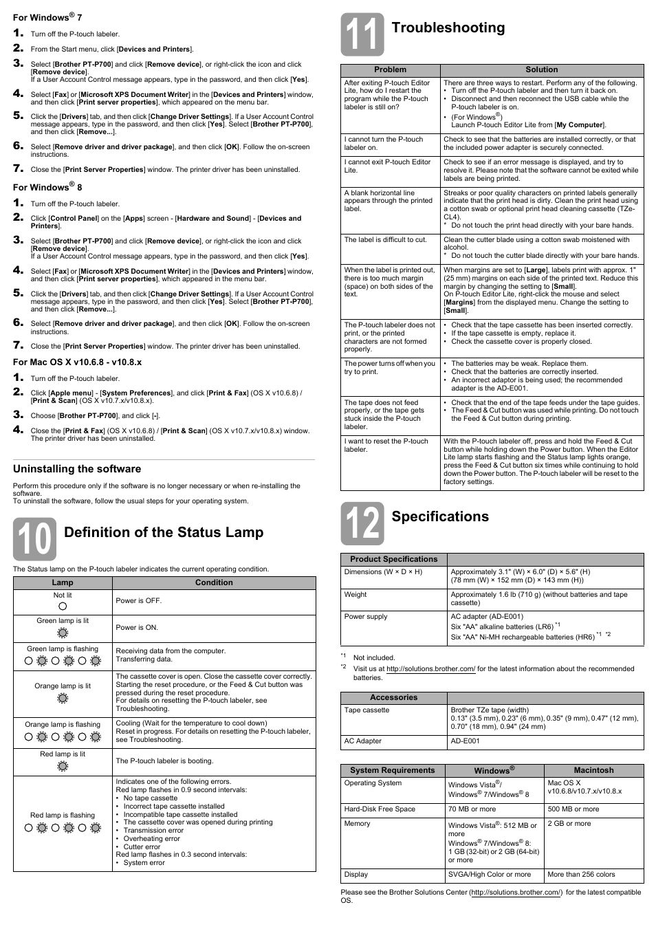 Definition of the status lamp, Troubleshooting, Specifications | Uninstalling the software | Brother PT-P700 User Manual | Page 4 / 4
