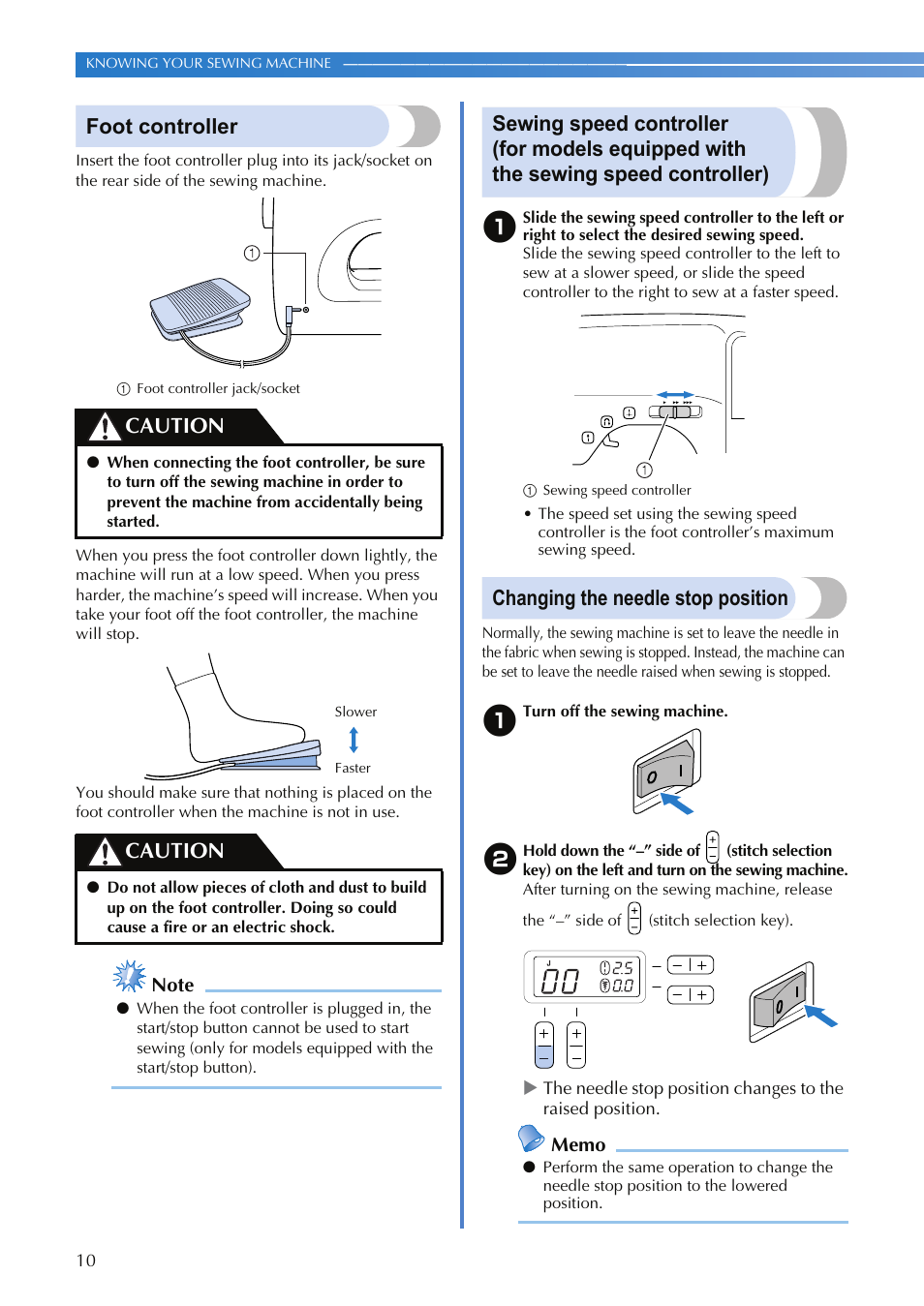 Foot controller, Changing the needle stop position, Caution | Brother HS-3000 User Manual | Page 12 / 80