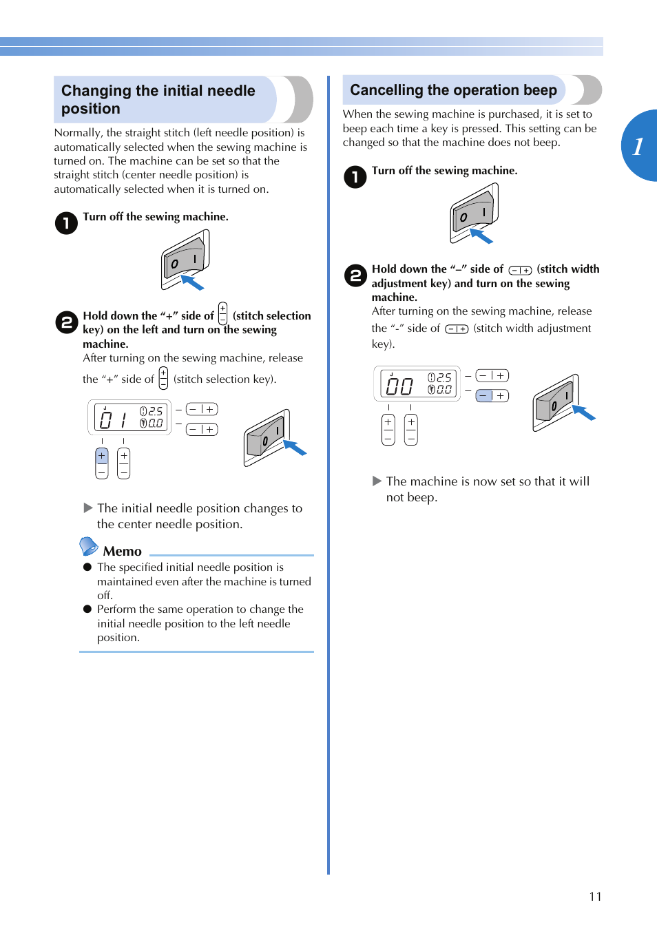 Changing the initial needle position, Cancelling the operation beep | Brother HS-3000 User Manual | Page 13 / 80