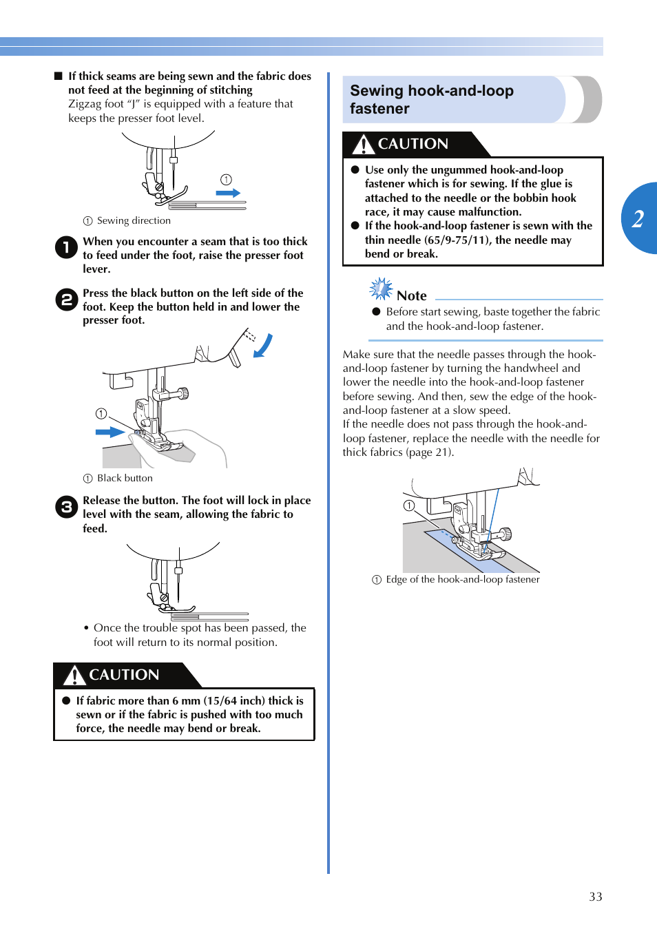 Sewing hook-and-loop fastener, Caution | Brother HS-3000 User Manual | Page 35 / 80
