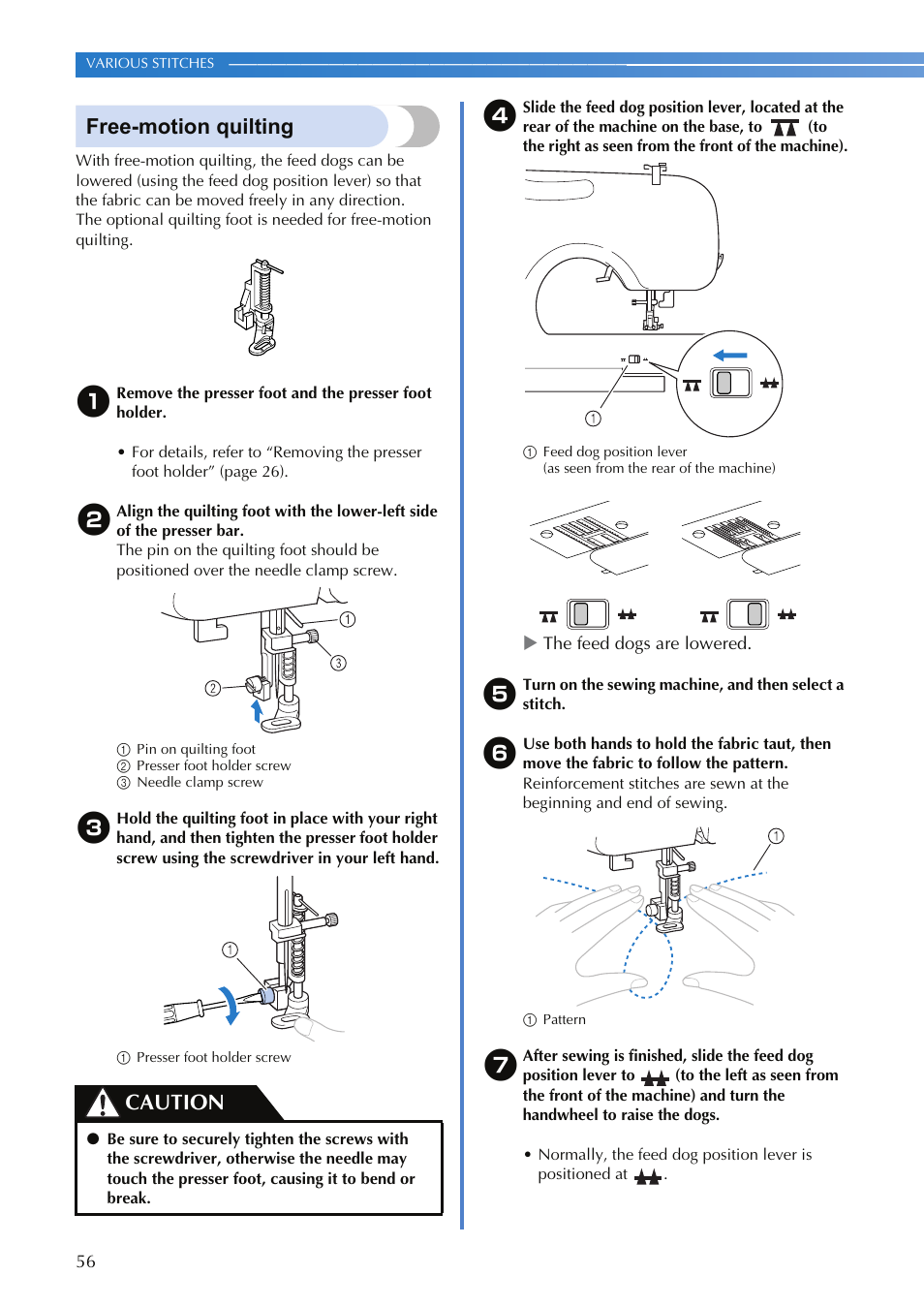 Free-motion quilting, Caution | Brother HS-3000 User Manual | Page 58 / 80