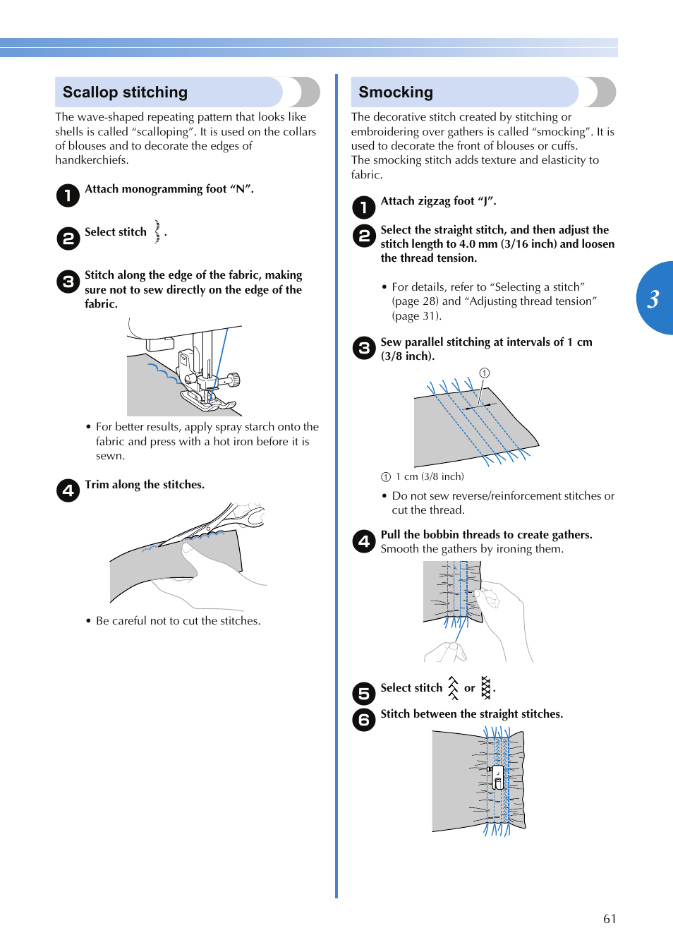 Scallop stitching, Smocking | Brother HS-3000 User Manual | Page 63 / 80