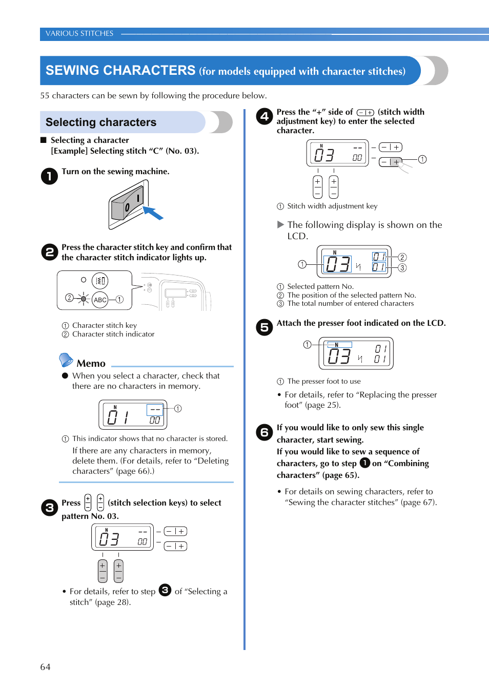 Sewing characters, Selecting characters, For models equipped with character stitches) | Brother HS-3000 User Manual | Page 66 / 80