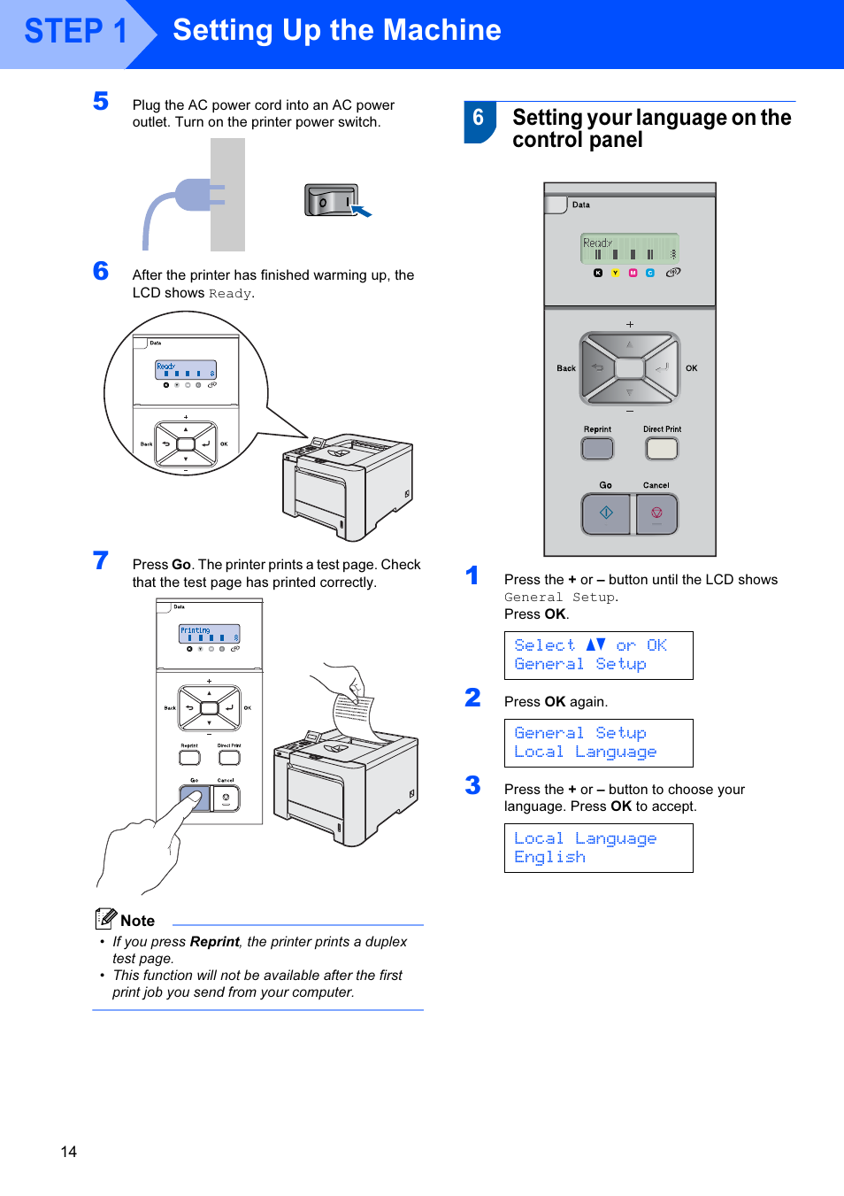 6 setting your language on the control panel, Setting your language on the control panel, Step 1 | Setting up the machine, 6setting your language on the control panel, Select ab or ok general setup, General setup local language, Local language english | Brother HL-4070CDW User Manual | Page 16 / 71