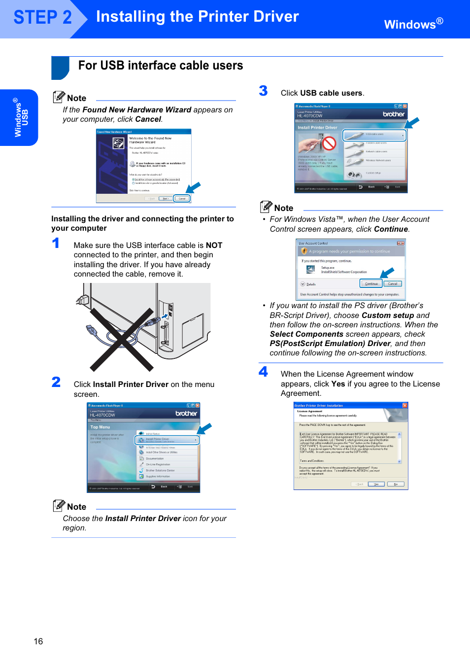 Windows, For usb interface cable users, Step 2 | Installing the printer driver | Brother HL-4070CDW User Manual | Page 18 / 71