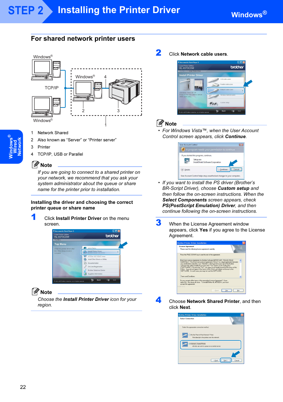 For shared network printer users, Step 2, Installing the printer driver | Windows | Brother HL-4070CDW User Manual | Page 24 / 71