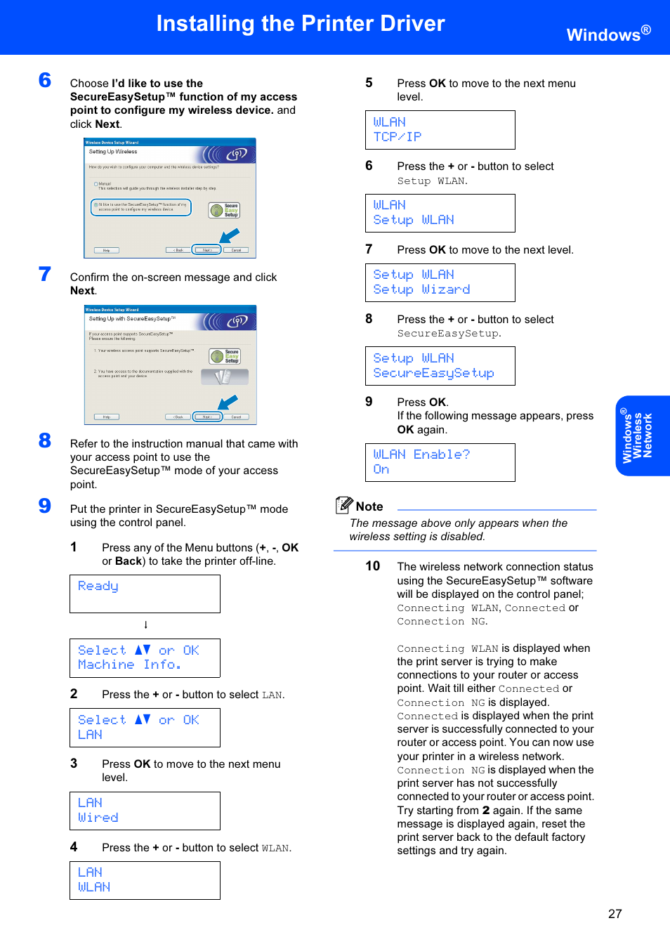 Installing the printer driver, Windows, Ready | Select ab or ok machine info, Select ab or ok lan, Lan wired, Lan wlan, Wlan tcp/ip, Wlan setup wlan, Setup wlan setup wizard | Brother HL-4070CDW User Manual | Page 29 / 71