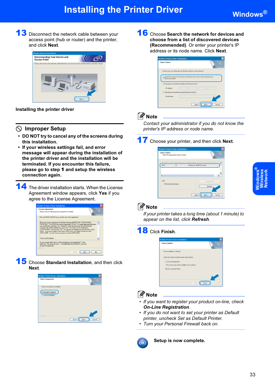Installing the printer driver, Windows, Improper setup | Brother HL-4070CDW User Manual | Page 35 / 71