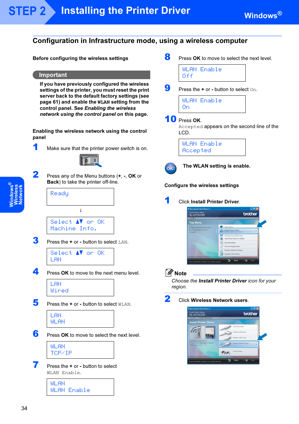 Step 2, Installing the printer driver, Windows | Ready, Select ab or ok machine info, Select ab or ok lan, Lan wired, Lan wlan, Wlan tcp/ip, Wlan wlan enable | Brother HL-4070CDW User Manual | Page 36 / 71