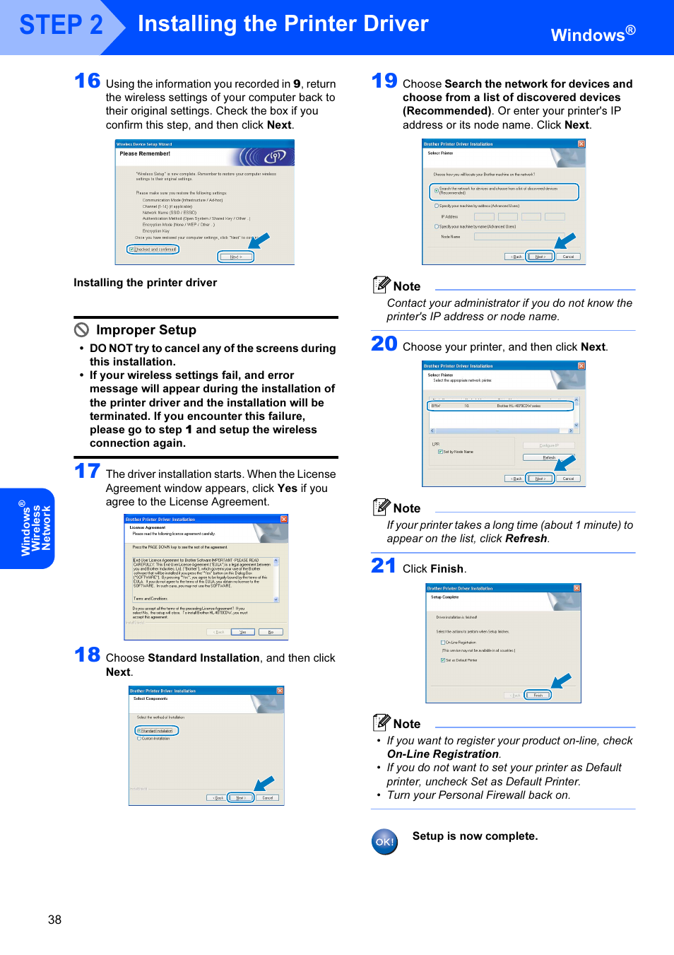 Step 2, Installing the printer driver, Windows | Improper setup | Brother HL-4070CDW User Manual | Page 40 / 71