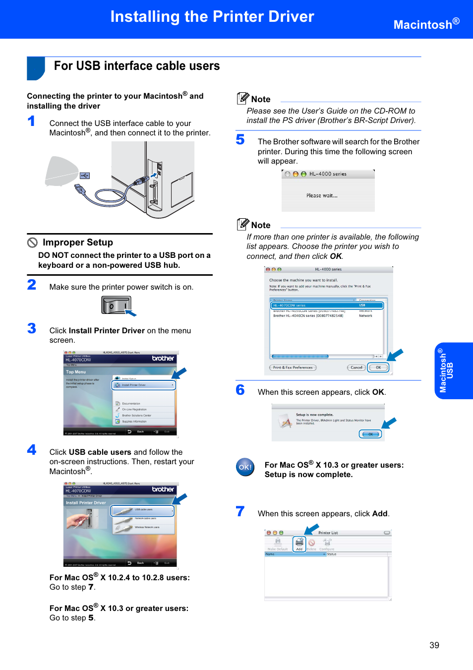 Macintosh, For usb interface cable users, Installing the printer driver | Improper setup | Brother HL-4070CDW User Manual | Page 41 / 71