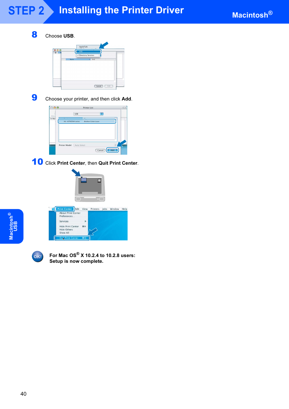 Step 2, Installing the printer driver, Macintosh | Brother HL-4070CDW User Manual | Page 42 / 71