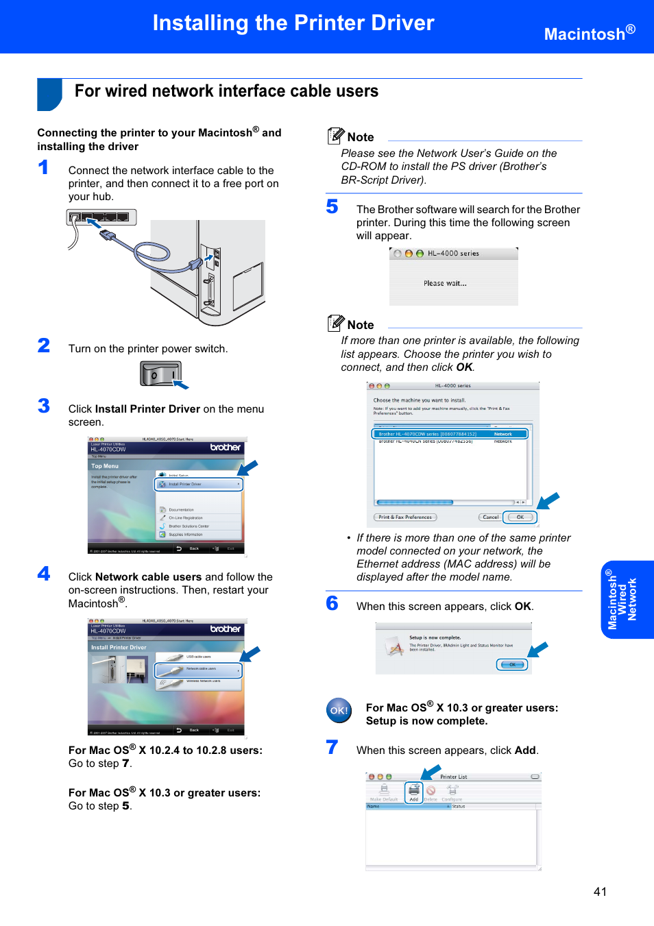 For wired network interface cable users, Installing the printer driver, Macintosh | Brother HL-4070CDW User Manual | Page 43 / 71