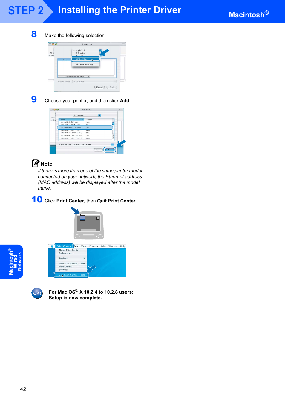 Step 2, Installing the printer driver, Macintosh | Brother HL-4070CDW User Manual | Page 44 / 71
