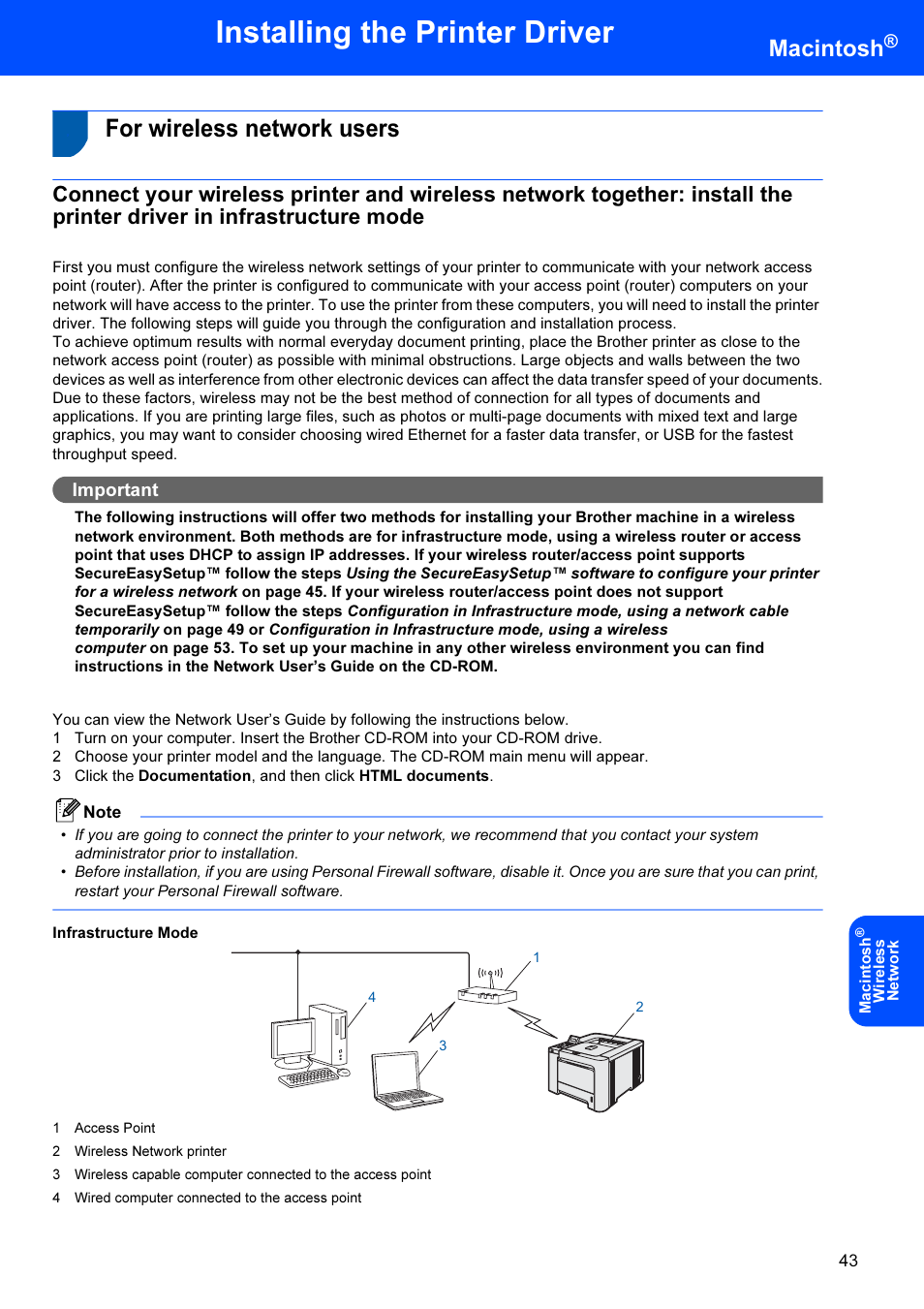 For wireless network users, Installing the printer driver, Macintosh | Important | Brother HL-4070CDW User Manual | Page 45 / 71