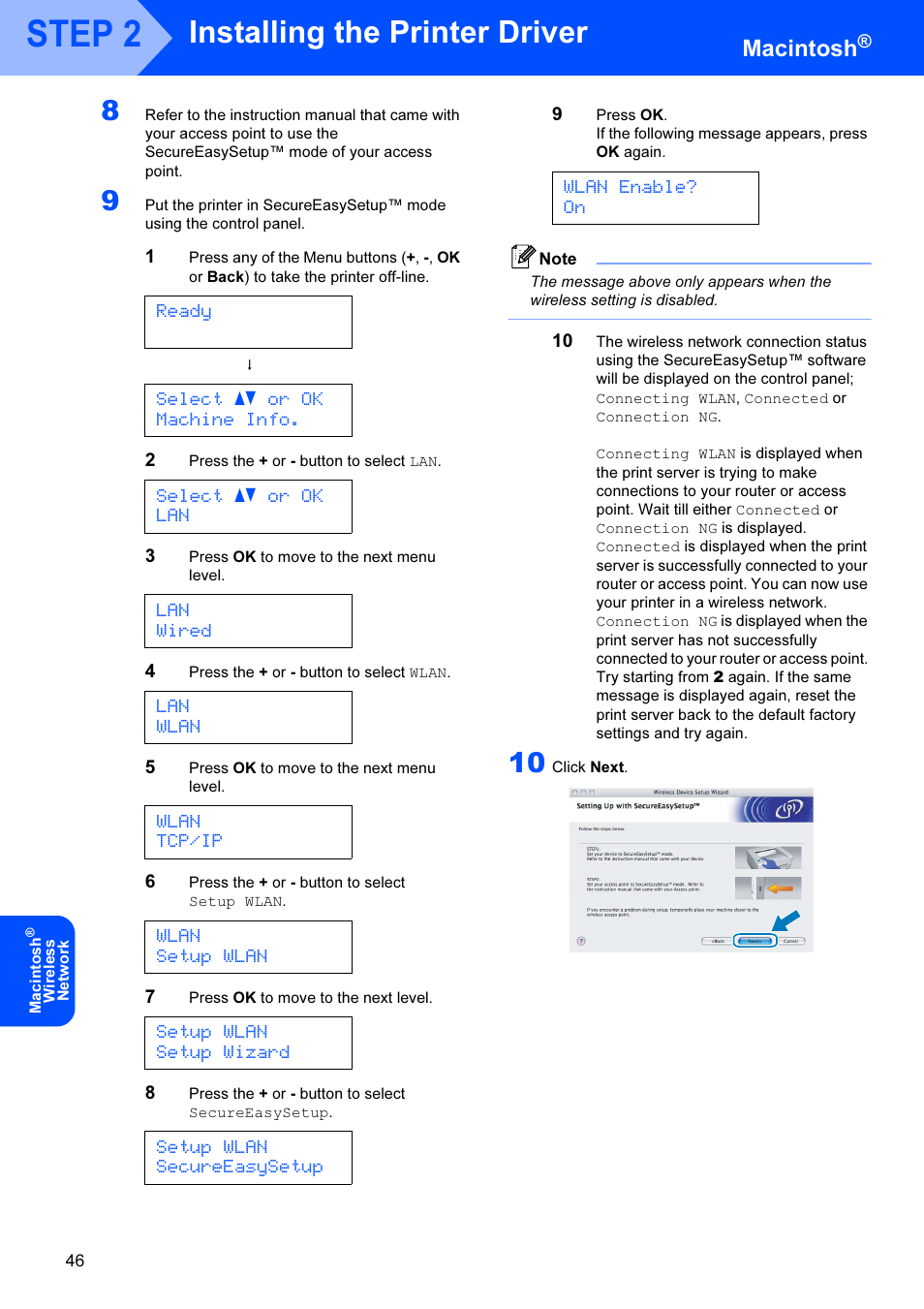 Step 2, Installing the printer driver, Macintosh | Ready, Select ab or ok machine info, Select ab or ok lan, Lan wired, Lan wlan, Wlan tcp/ip, Wlan setup wlan | Brother HL-4070CDW User Manual | Page 48 / 71