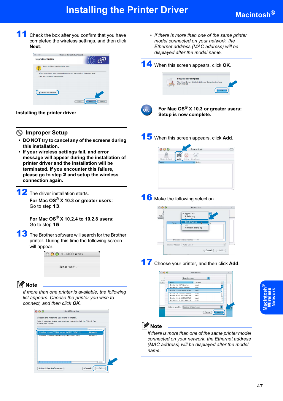 Installing the printer driver, Macintosh, Improper setup | Brother HL-4070CDW User Manual | Page 49 / 71