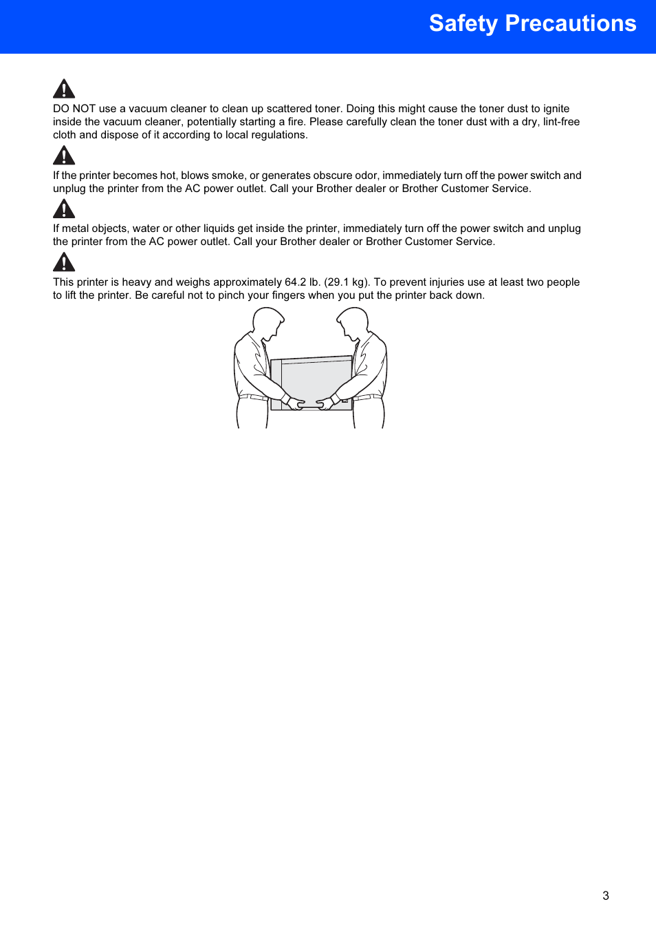 Safety precautions | Brother HL-4070CDW User Manual | Page 5 / 71