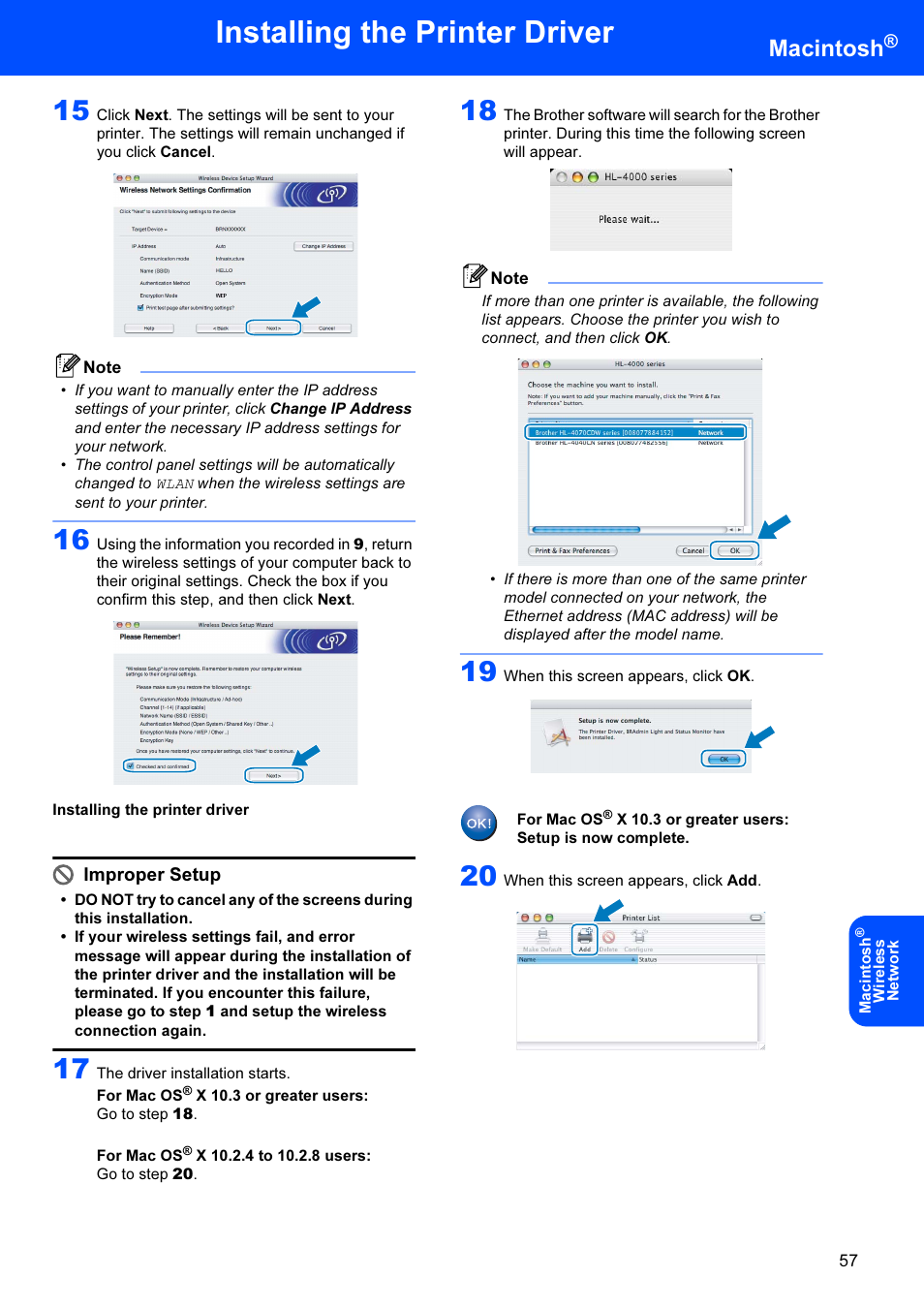 Installing the printer driver, Macintosh, Improper setup | Brother HL-4070CDW User Manual | Page 59 / 71