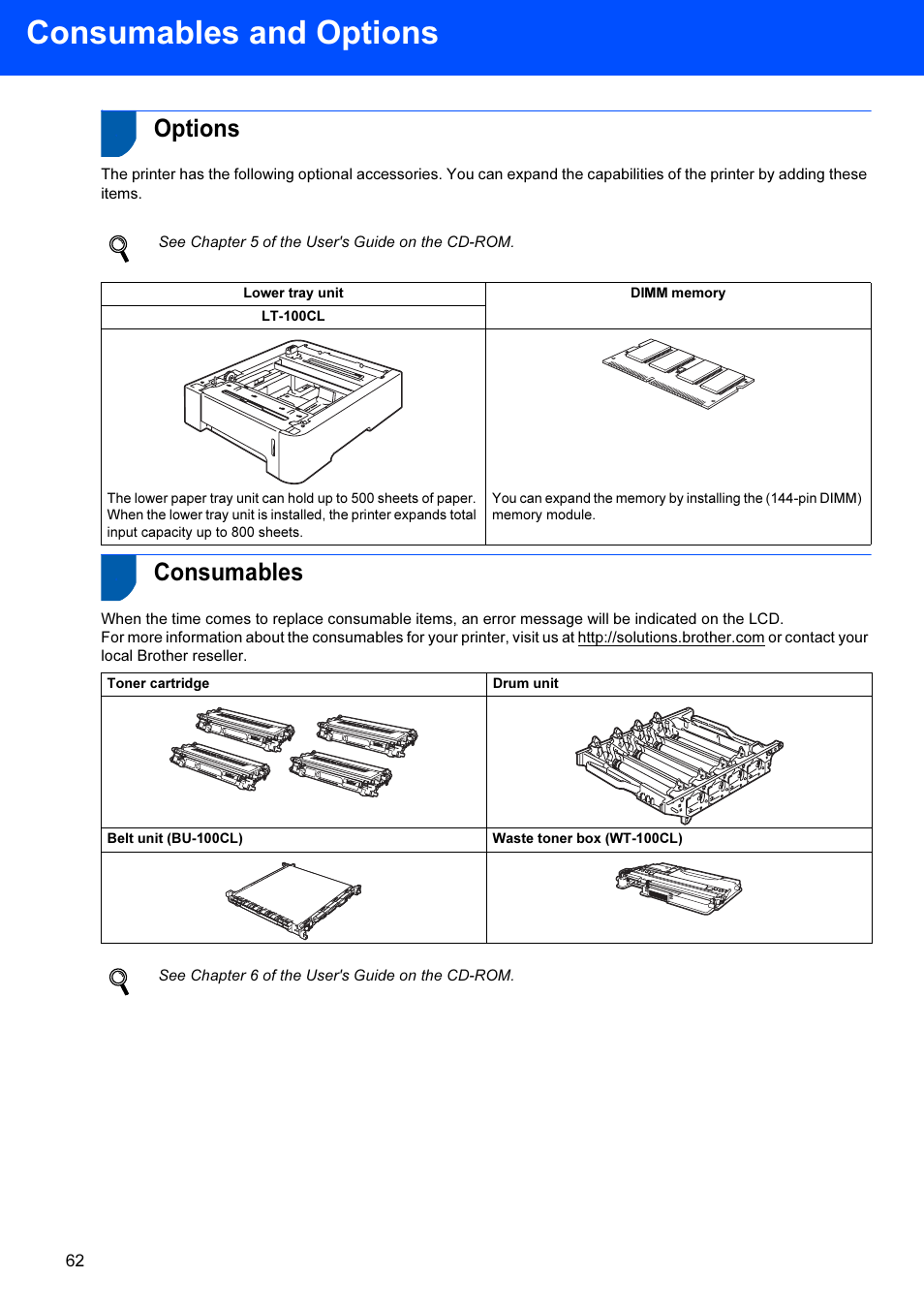 Consumables and options, Options, Consumables | Options consumables, See chapter 5 of the user's guide on the cd-rom, See chapter 6 of the user's guide on the cd-rom | Brother HL-4070CDW User Manual | Page 64 / 71
