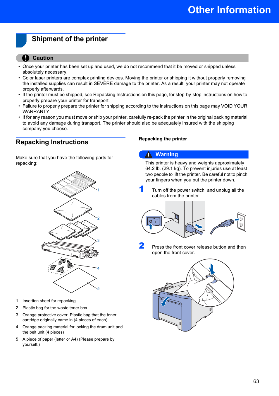 Other information, Shipment of the printer, Repacking instructions | Caution, Warning | Brother HL-4070CDW User Manual | Page 65 / 71