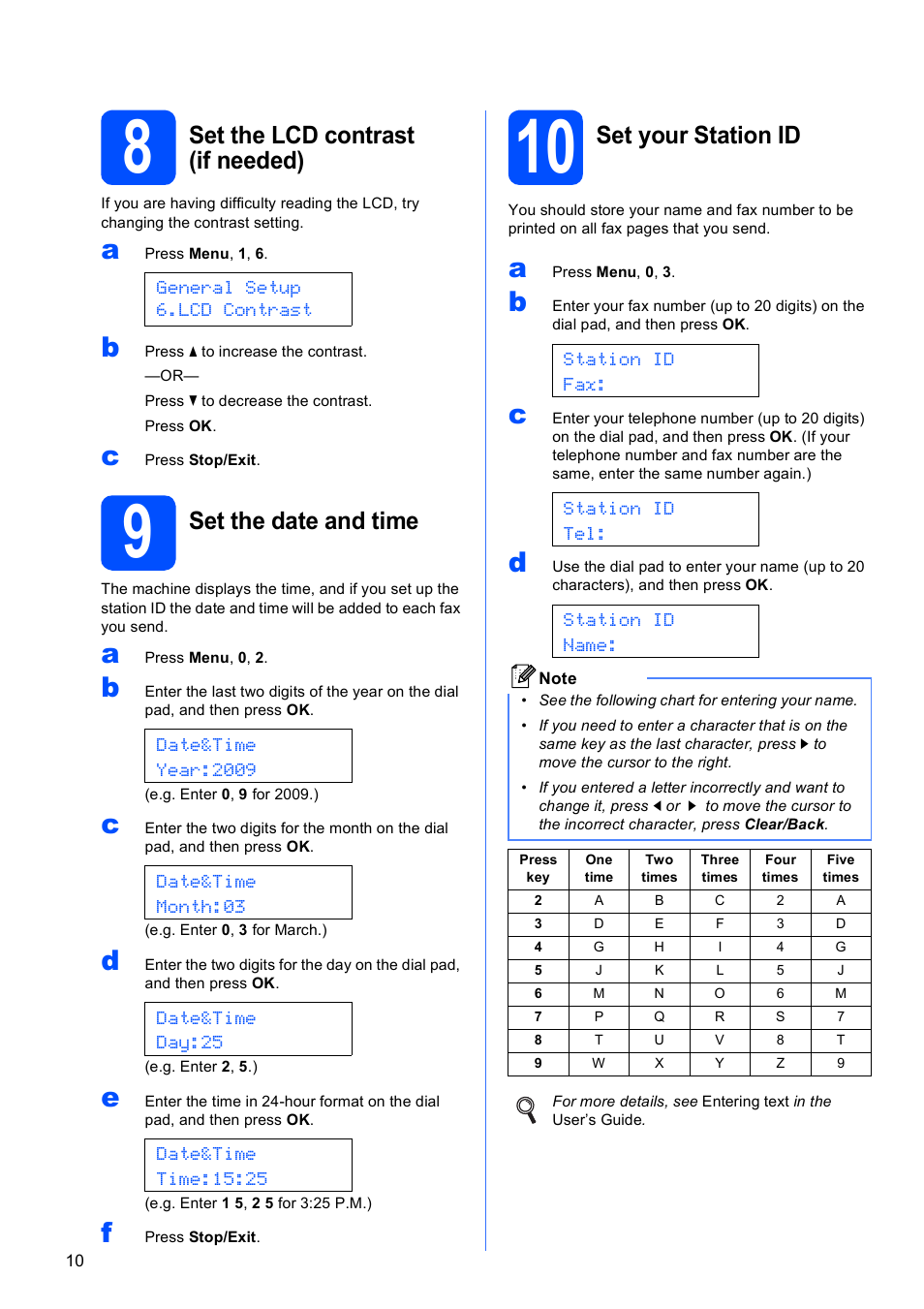 8 set the lcd contrast (if needed), 9 set the date and time, 10 set your station id | Set the lcd contrast (if needed), Set the date and time, Set your station id | Brother MFC-9120CN User Manual | Page 10 / 31