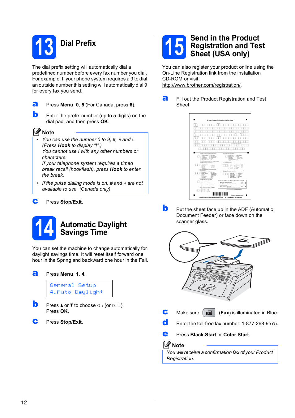 13 dial prefix, 14 automatic daylight savings time | Brother MFC-9120CN User Manual | Page 12 / 31