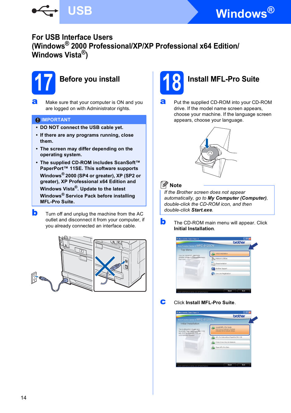 17 before you install, 18 install mfl-pro suite, Windows | Brother MFC-9120CN User Manual | Page 14 / 31