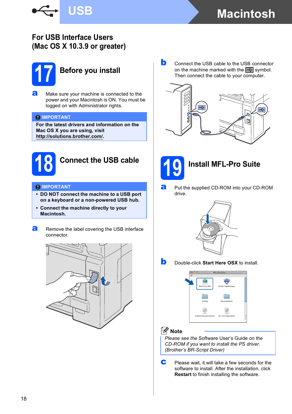 17 before you install, 18 connect the usb cable, 19 install mfl-pro suite | Macintosh usb | Brother MFC-9120CN User Manual | Page 18 / 31