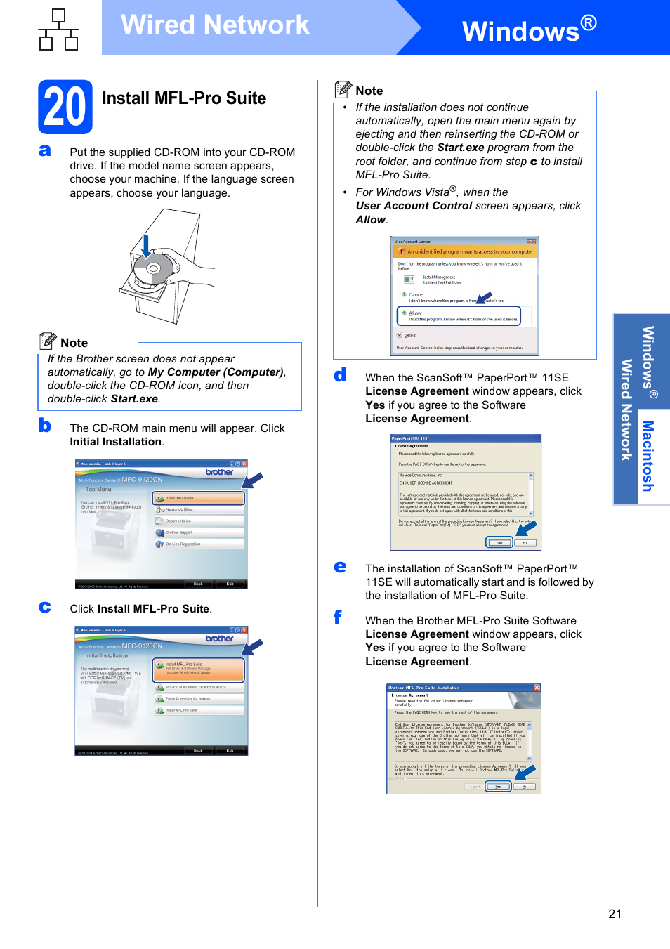 20 install mfl-pro suite, Windows, Wired network | Brother MFC-9120CN User Manual | Page 21 / 31