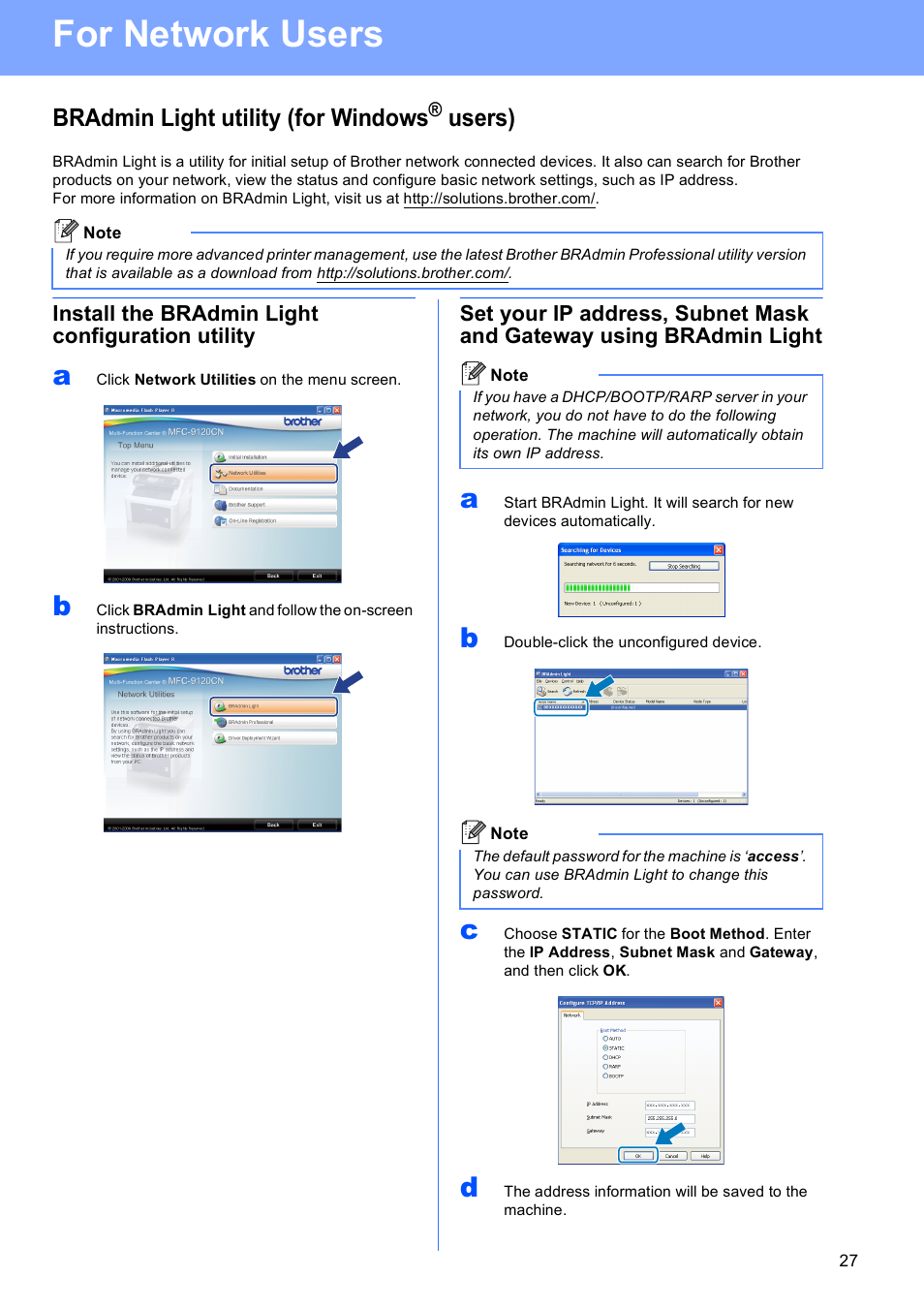 For network users, Bradmin light utility (for windows® users), Install the bradmin light configuration utility | Bradmin light utility (for windows, Users) | Brother MFC-9120CN User Manual | Page 27 / 31