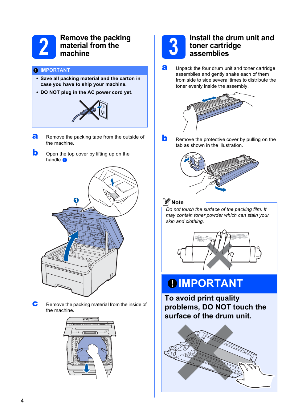 2 remove the packing material from the machine, Important | Brother MFC-9120CN User Manual | Page 4 / 31