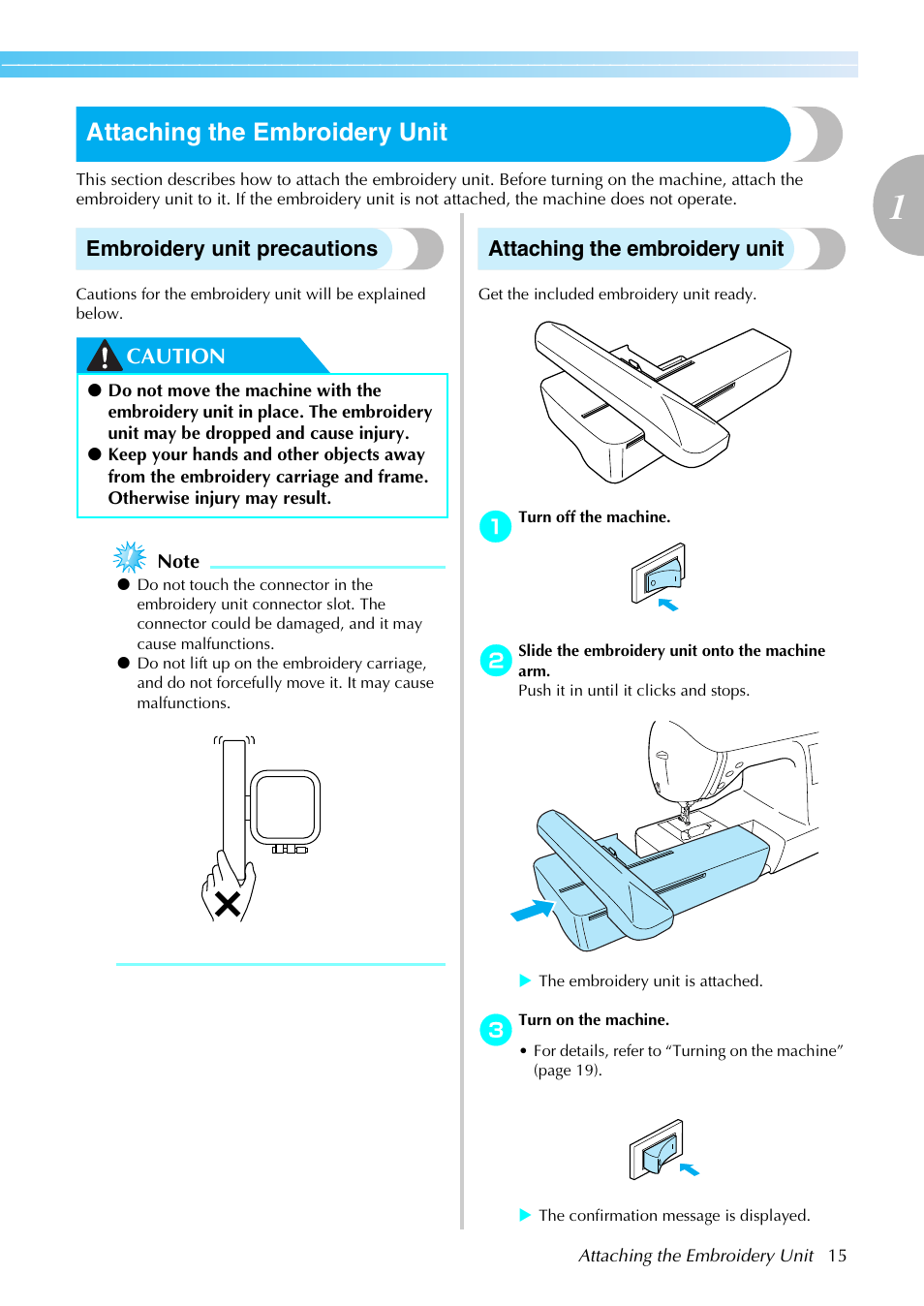 Attaching the embroidery unit, Embroidery unit precautions, Caution | Brother DZ820E User Manual | Page 17 / 88