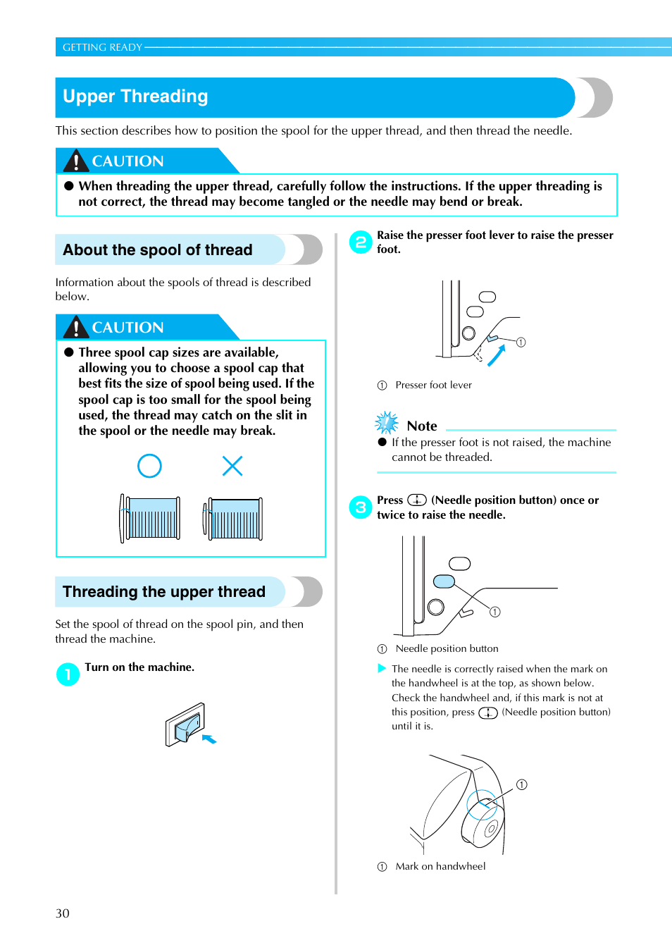 Upper threading, Caution about the spool of thread, Caution threading the upper thread | Brother DZ820E User Manual | Page 32 / 88