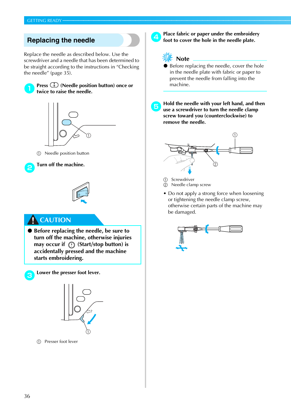 Replacing the needle, Caution | Brother DZ820E User Manual | Page 38 / 88
