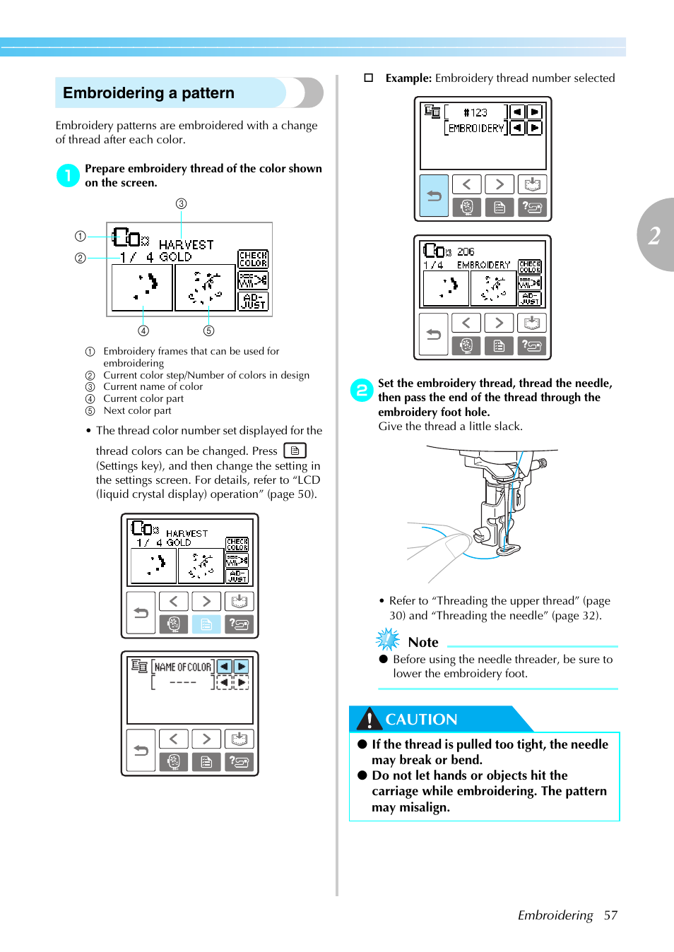 Embroidering a pattern, Caution | Brother DZ820E User Manual | Page 59 / 88