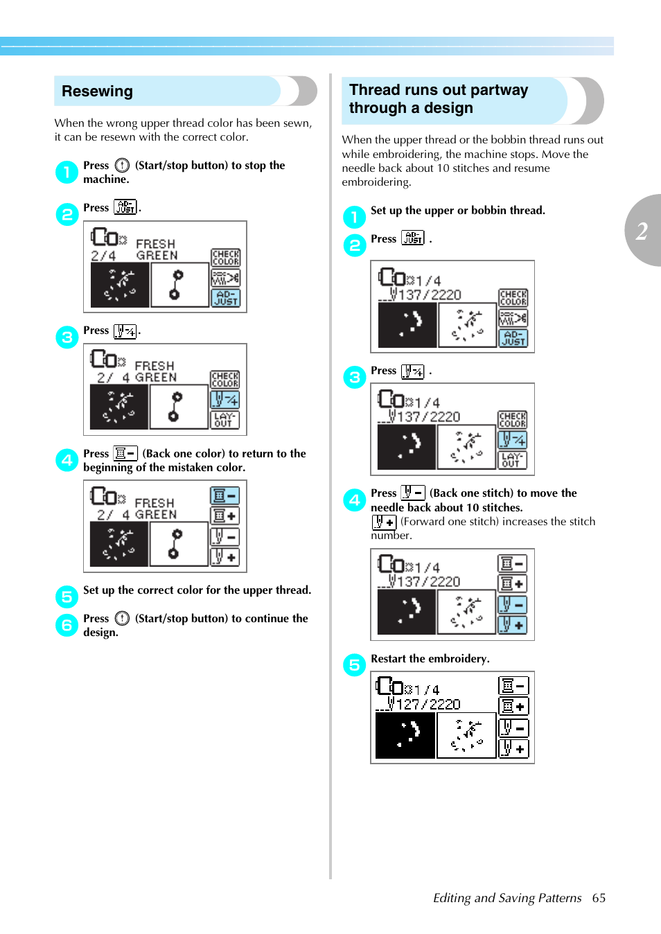 Resewing, Thread runs out partway through a design | Brother DZ820E User Manual | Page 67 / 88