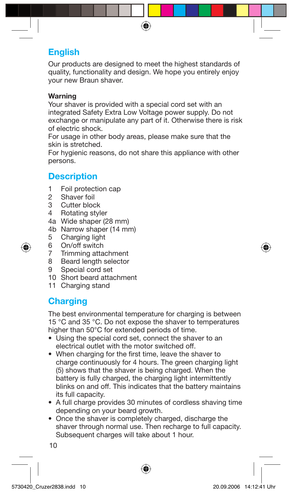 English, Description, Charging | Braun 2838 Cruzer4, body&face User Manual | Page 10 / 65