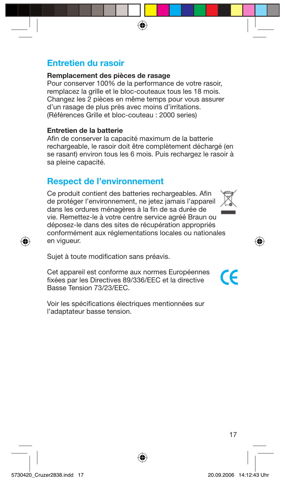 Entretien du rasoir, Respect de l’environnement | Braun 2838 Cruzer4, body&face User Manual | Page 17 / 65