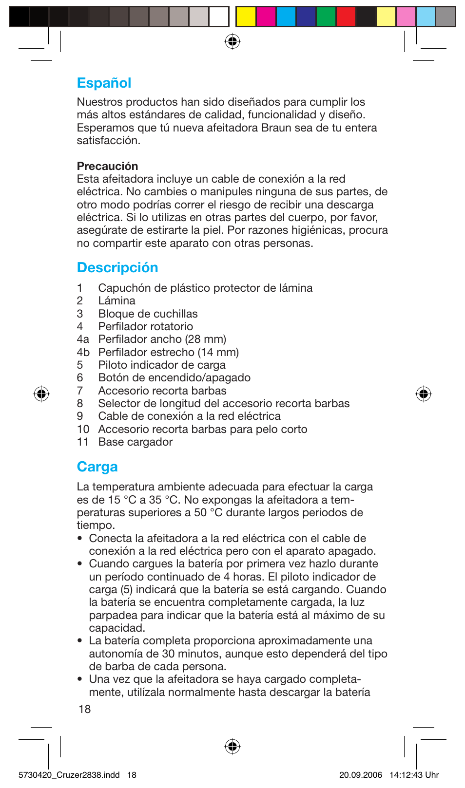 Español, Descripción, Carga | Braun 2838 Cruzer4, body&face User Manual | Page 18 / 65