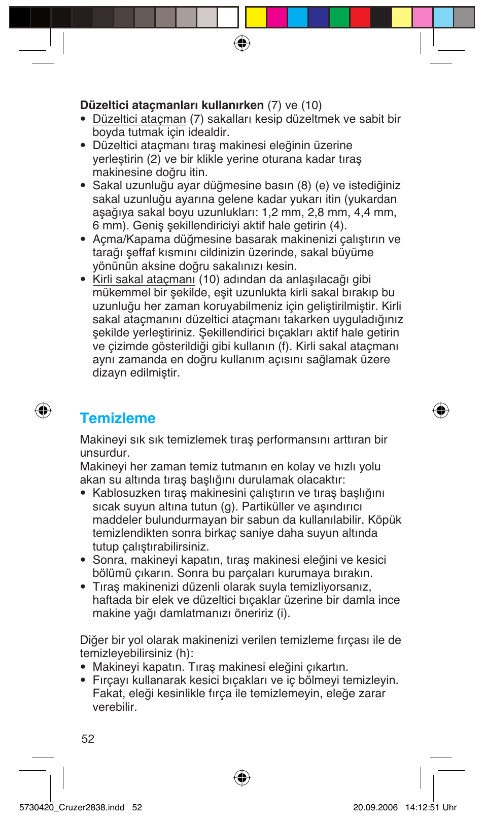 Temizleme | Braun 2838 Cruzer4, body&face User Manual | Page 52 / 65