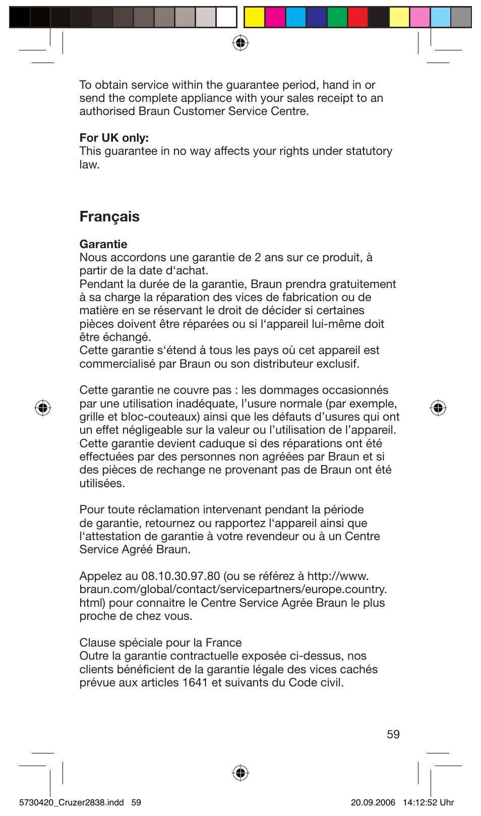 Français | Braun 2838 Cruzer4, body&face User Manual | Page 59 / 65