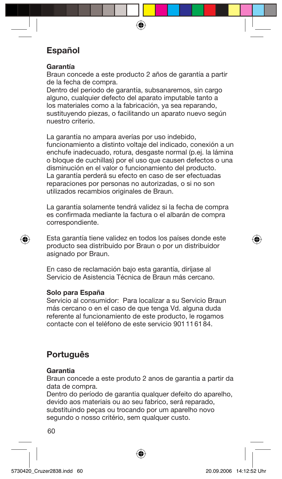 Español, Português | Braun 2838 Cruzer4, body&face User Manual | Page 60 / 65