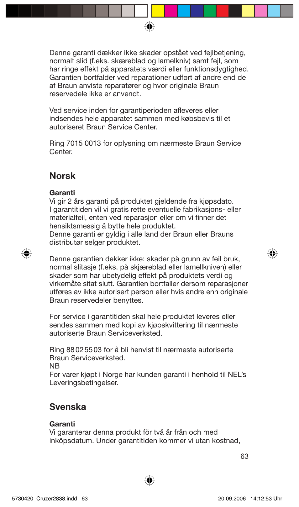 Norsk, Svenska | Braun 2838 Cruzer4, body&face User Manual | Page 63 / 65