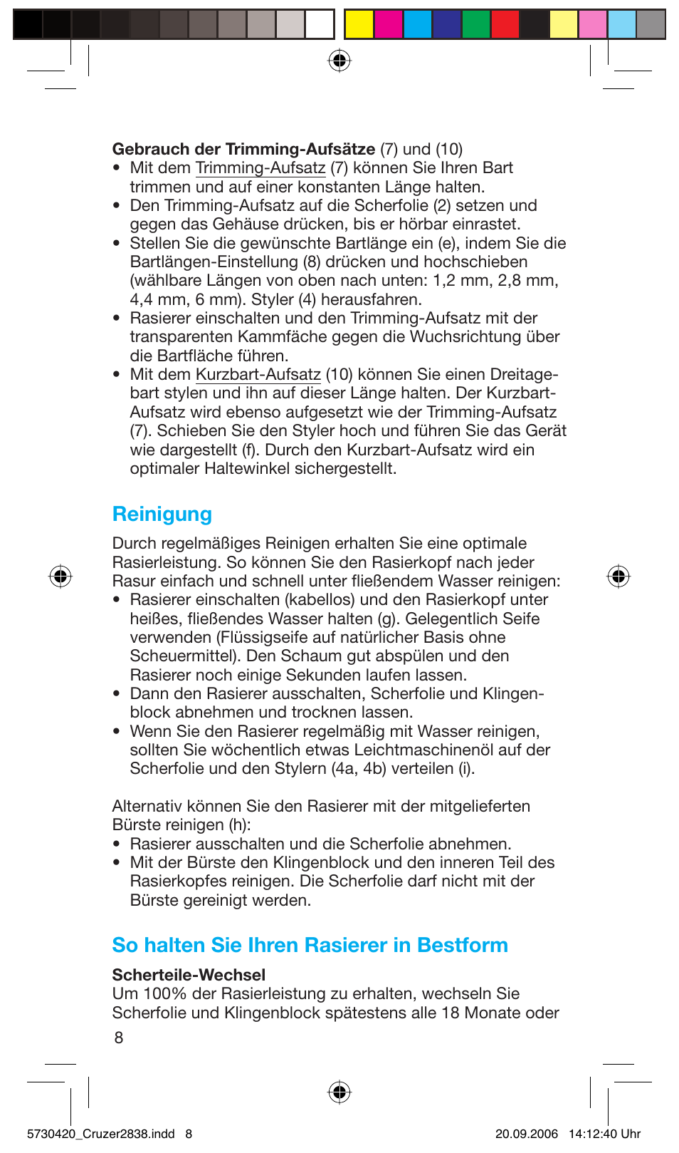 Reinigung, So halten sie ihren rasierer in bestform | Braun 2838 Cruzer4, body&face User Manual | Page 8 / 65
