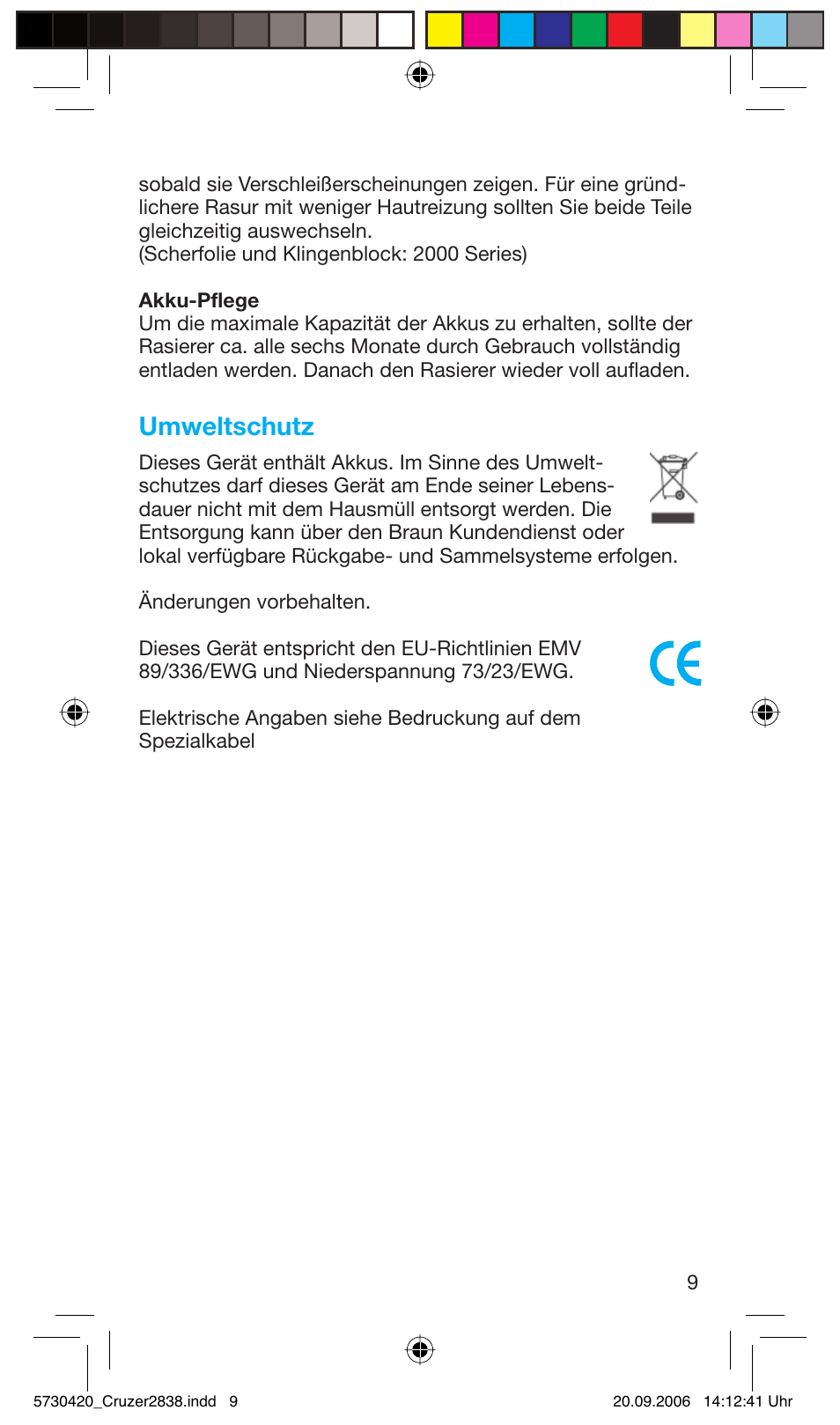 Umweltschutz | Braun 2838 Cruzer4, body&face User Manual | Page 9 / 65